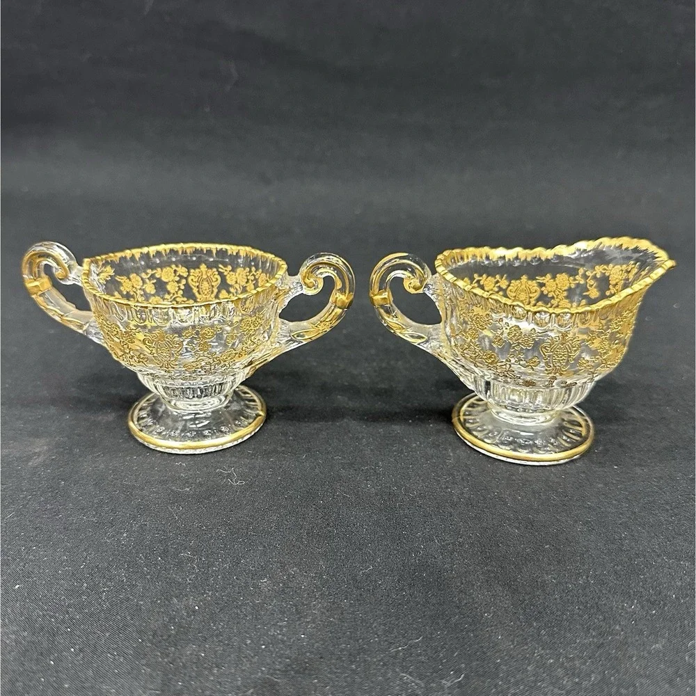 Cambridge 'Rose Point' Cream & Sugar Set With Gold Encrusted Decoration, Vintage